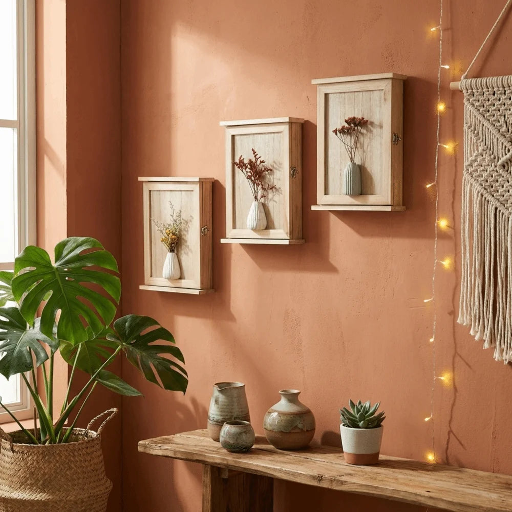 boîte murale bois naturel rustique minimaliste porte clés décoration entrée salon fleurs sèches vase