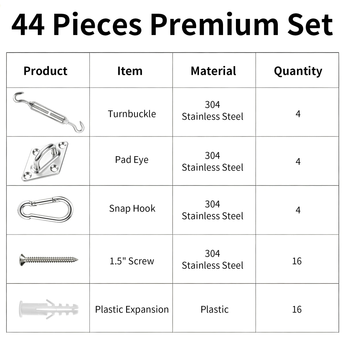 fixation tissus vis turnbuckle pad eye snap hook expansion plastique kit industriel robusteextérieur camping
