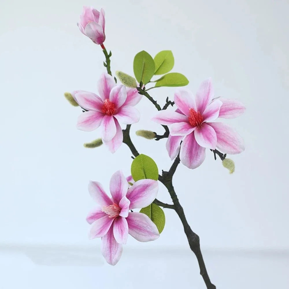 décoration intérieure branche magnolia artificielle fleurs feuilles modernes vert foncé orange blanc minimaliste