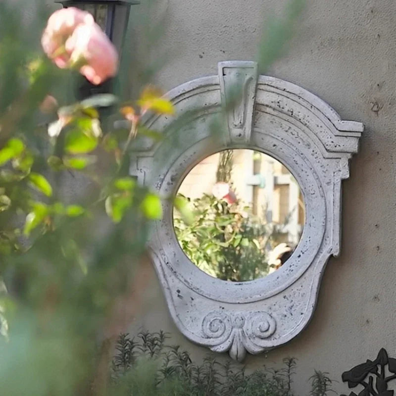 miroir decoratif mural rond blanc vieilli vintage cour balcon decoration accent