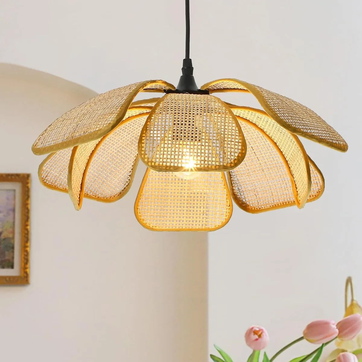 lampe suspendue moderne bambou tissé main boho couleur beige noir 50cm
