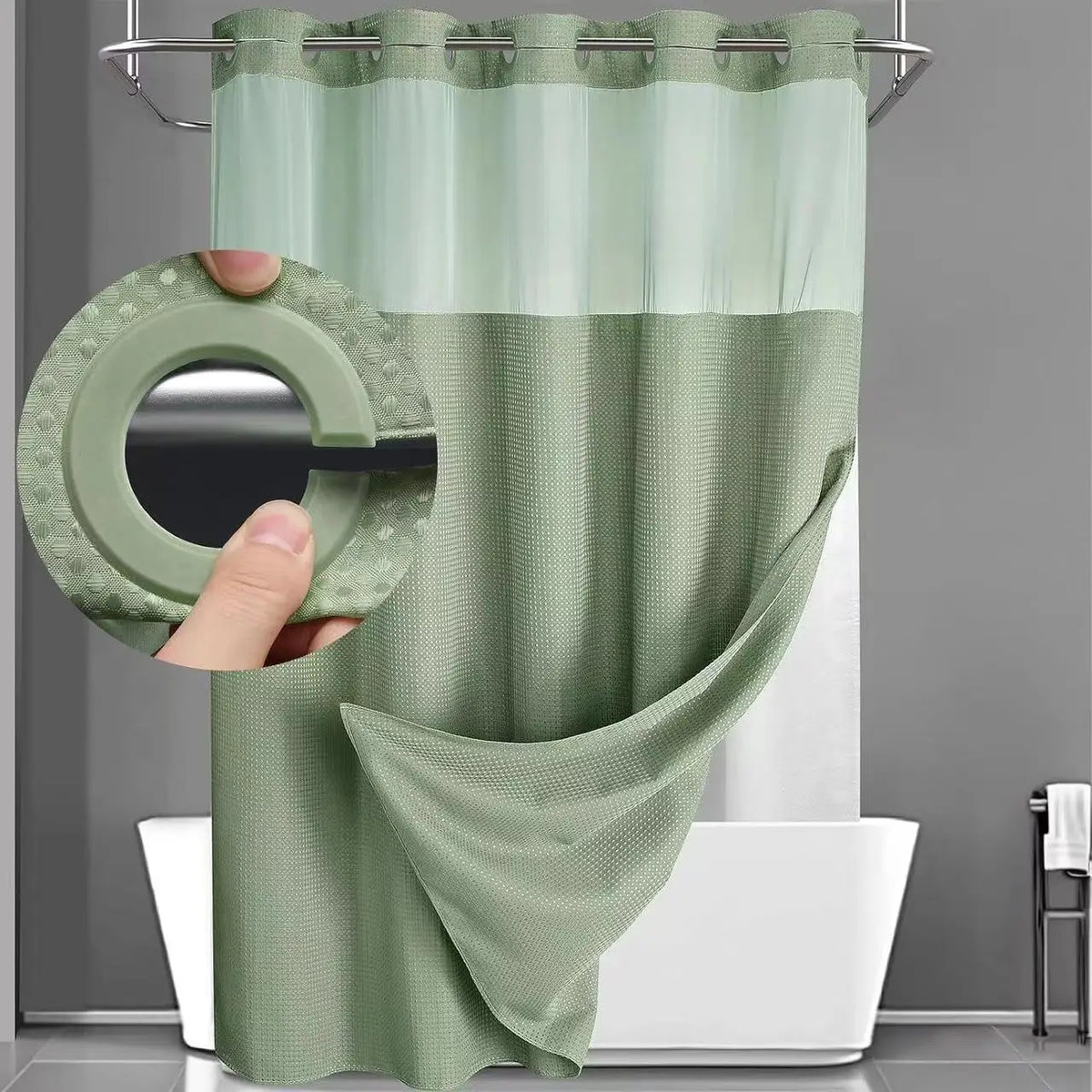 rideau douche moderne noir gris clair texture relief aimants lestés liner intégré tissu opaque