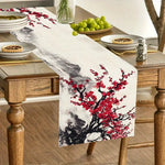 nappe longue imprimée fleurs cerisiers effet aquarelle décoration asiatique table maison assiettes couverts verres