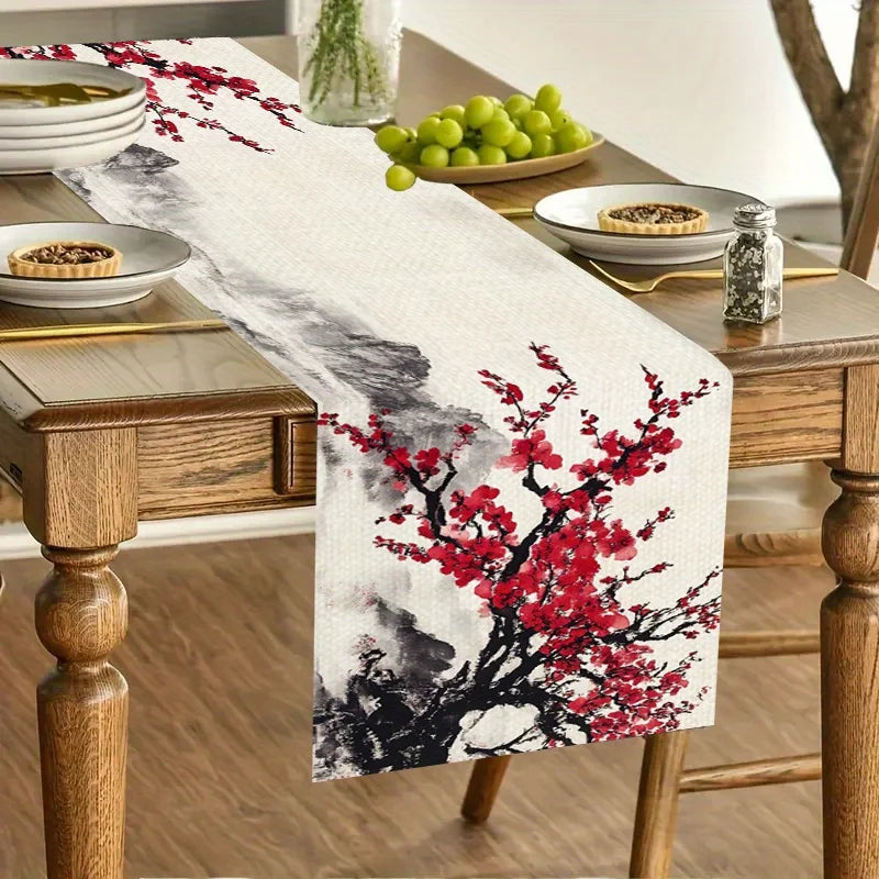 nappe longue imprimée fleurs cerisiers effet aquarelle décoration asiatique table maison assiettes couverts verres