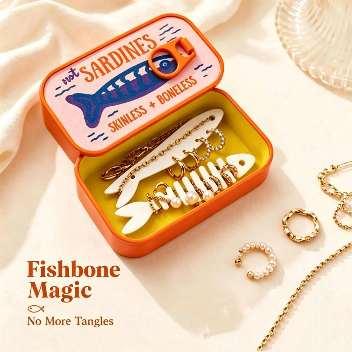 boîte rangement bijoux forme sardines orange rose blanche poisson