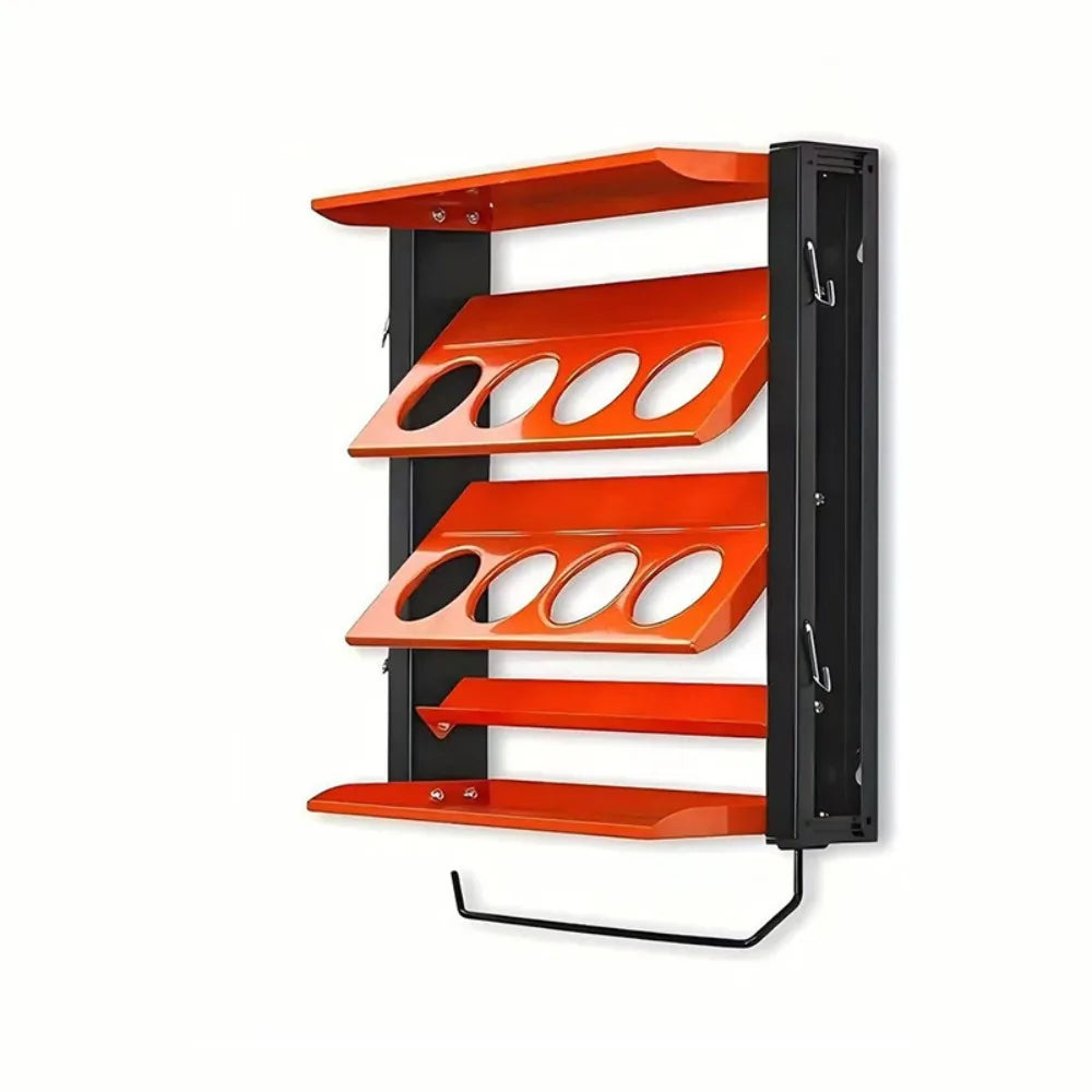 rangement mural industriel orange noir argenté sprays bouteilles outils utilitaires multifonctionnels fixations murales