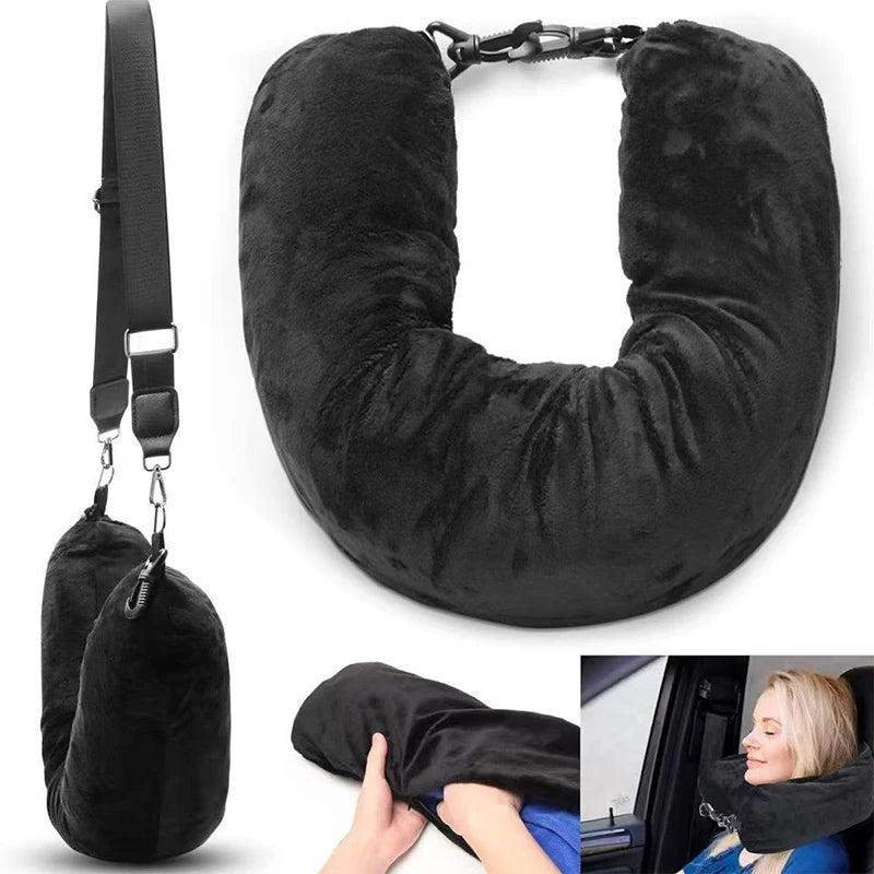 coussin voyage forme velours noir bleu gris confortable portable sac rangement