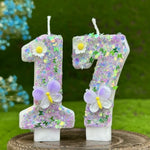 bougies numérales pailletées fleurs reliefs adhésives anniversaire enfant violet blanc vert bleu doré