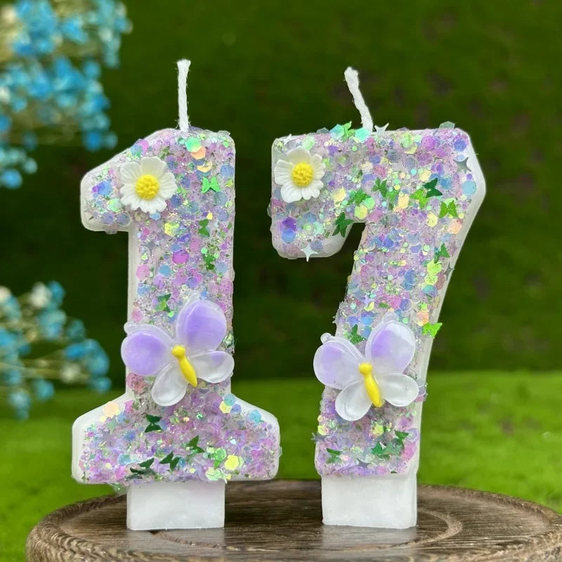 bougies numérales pailletées fleurs reliefs adhésives anniversaire enfant violet blanc vert bleu doré