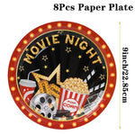 décoration anniversaire thème cinéma assiettes jetables serviettes gobelets nappe guirlande popcorn rouge noir doré