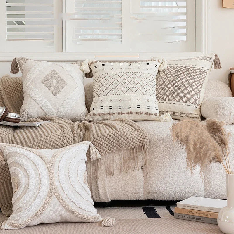 housse coussin beige motif géométrique brodé crocheté moderne amovible lavable boho chic
