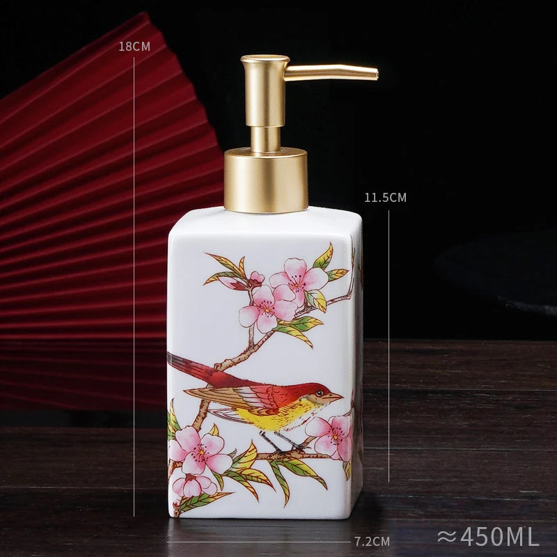 distributeur savon liquide céramique blanc bleu fleurs classique salle bains 280ml 450ml