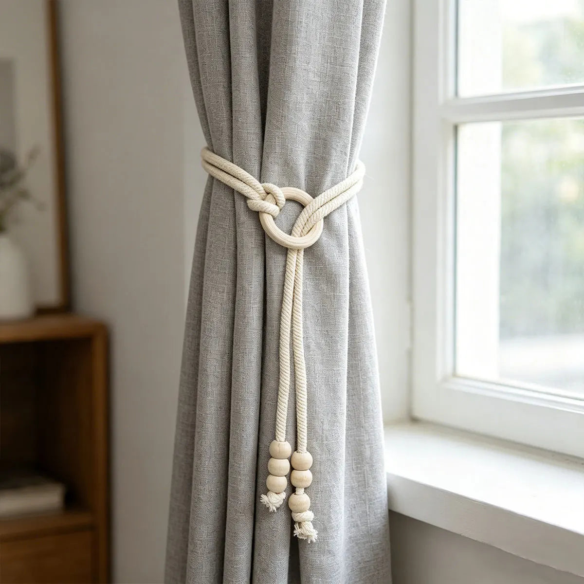 corde rideaux tressée bois anneaux rustique bohème beige clair fixations naturelles
