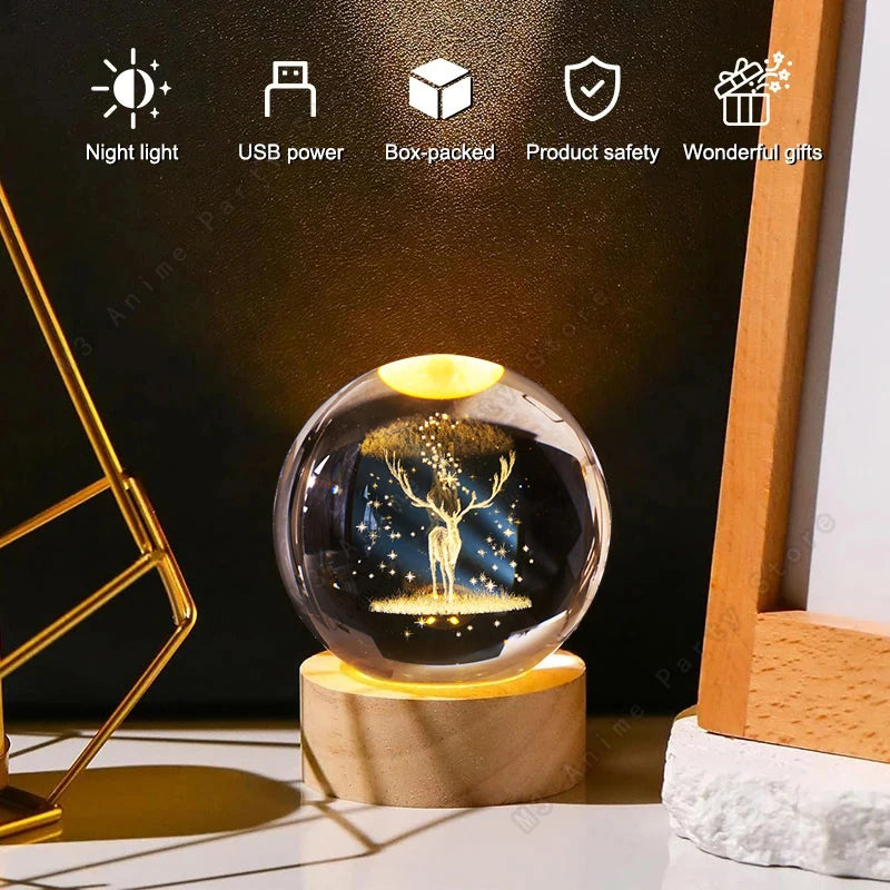 veilleuse boule cristal arbre étoiles transparente base bois câble usb decoration chambre moderne