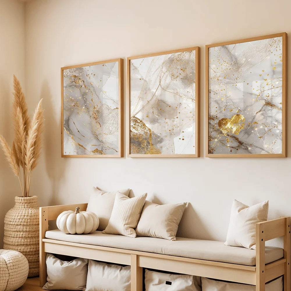 tableaux abstraits dorés décoration murale moderne sans cadre trois pièces chambre salon