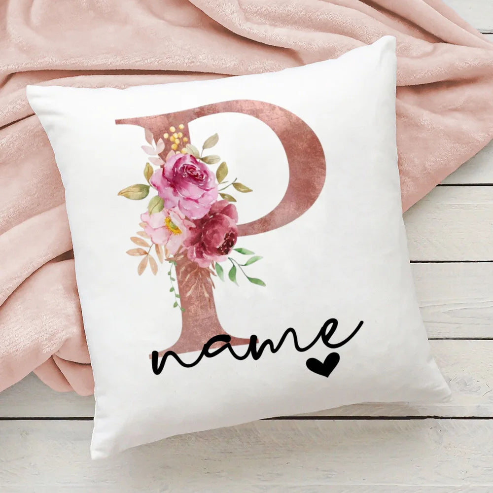 taie d'oreiller motif floral rose lettres initiales respectueux environnement moderne blanc