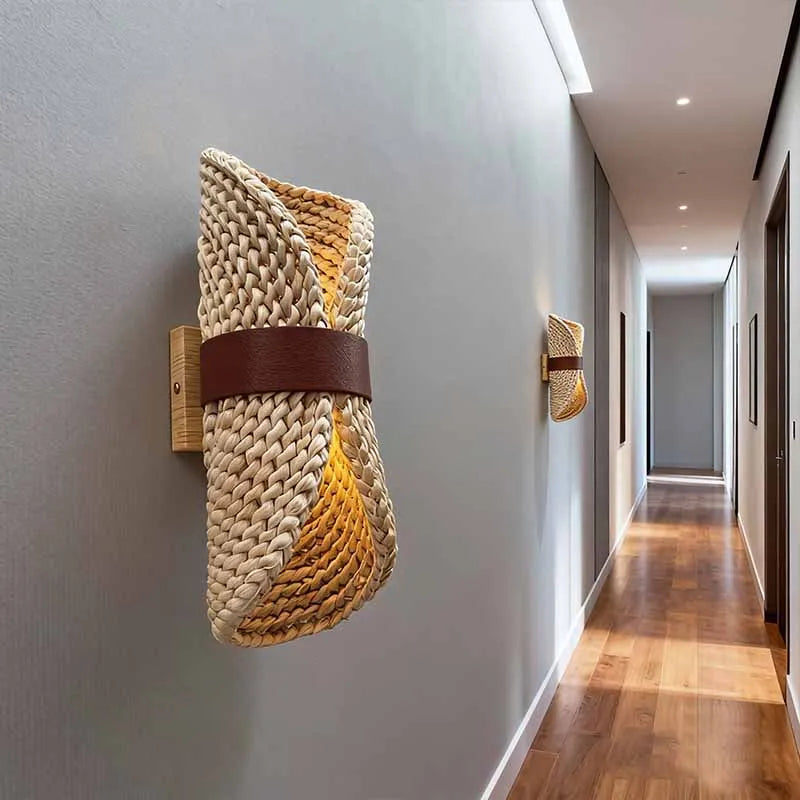 lampe murale tressée bois beige rustique éclairage quotidien led moderne fixée mur