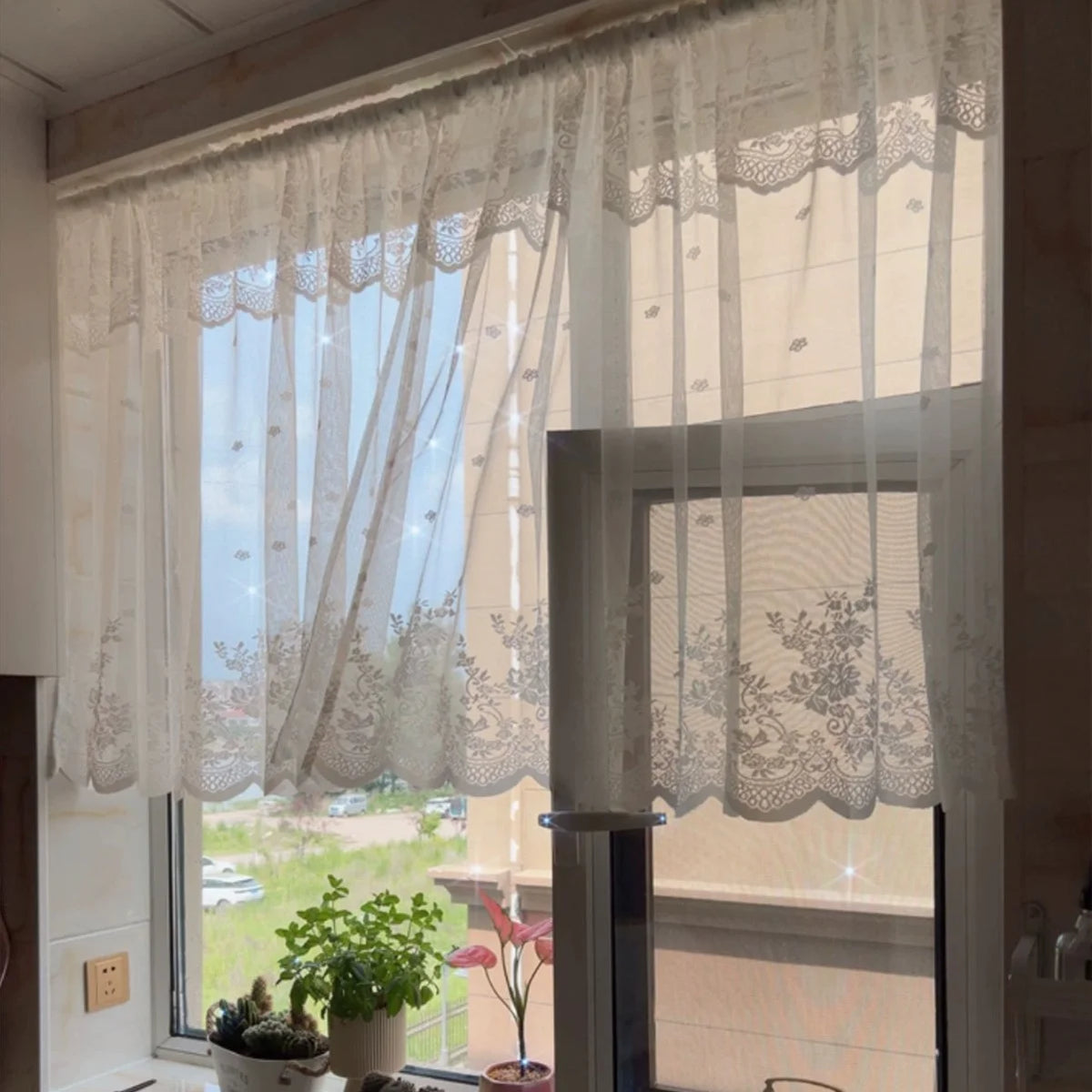rideau transparent floral rustique tissu polyester dentelle cuisine salon chambre