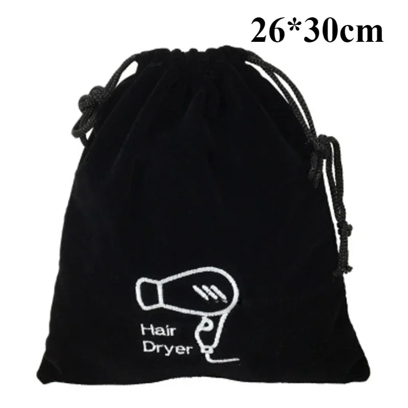 sac rangement noir velours sèche cheveux brodé cordon serrage utilitaire multi usage compression 26x30cm