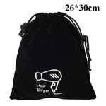 sac rangement noir velours sèche cheveux brodé cordon serrage utilitaire multi usage compression 26x30cm