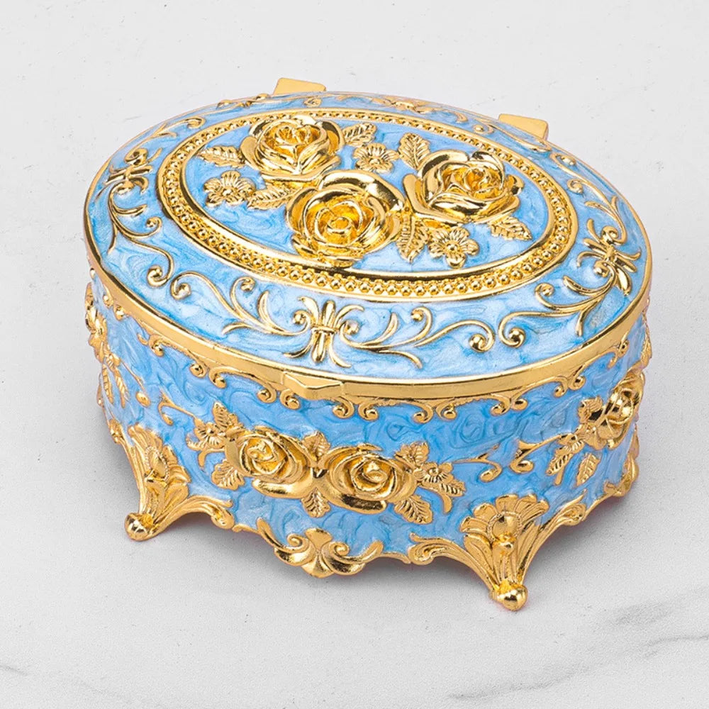 boîte bijoux baroque bleu clair vert violet roses dorées motifs floraux opaques multifonctionnelle vintage