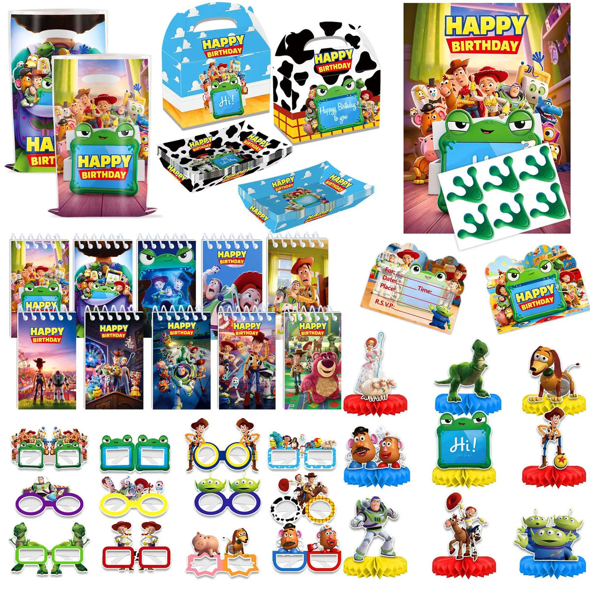 accessoires fête toy story figurines personnages masques yeux boîtes dragées pailles autocollants enveloppes multicolore