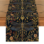 chemin table vintage motif floral dragonfly polyester noir or rouge jaune bleu artisanal