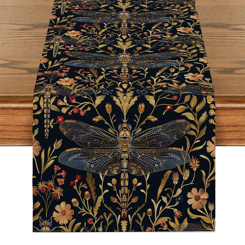 chemin table vintage motif floral dragonfly polyester noir or rouge jaune bleu artisanal