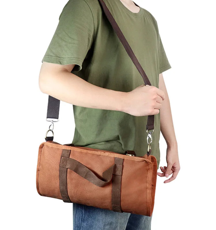 sac outils barman tissu texturé compartiments élastiques sangles réglables vintage utilitaire cocktails