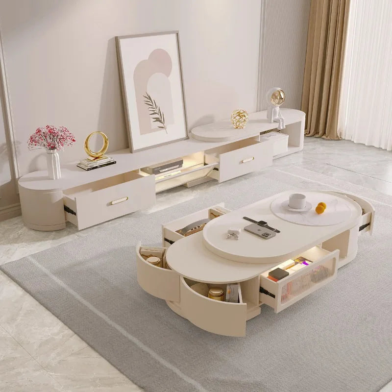 meuble salon blanc moderne tiroirs étagères plateau amovible support tv