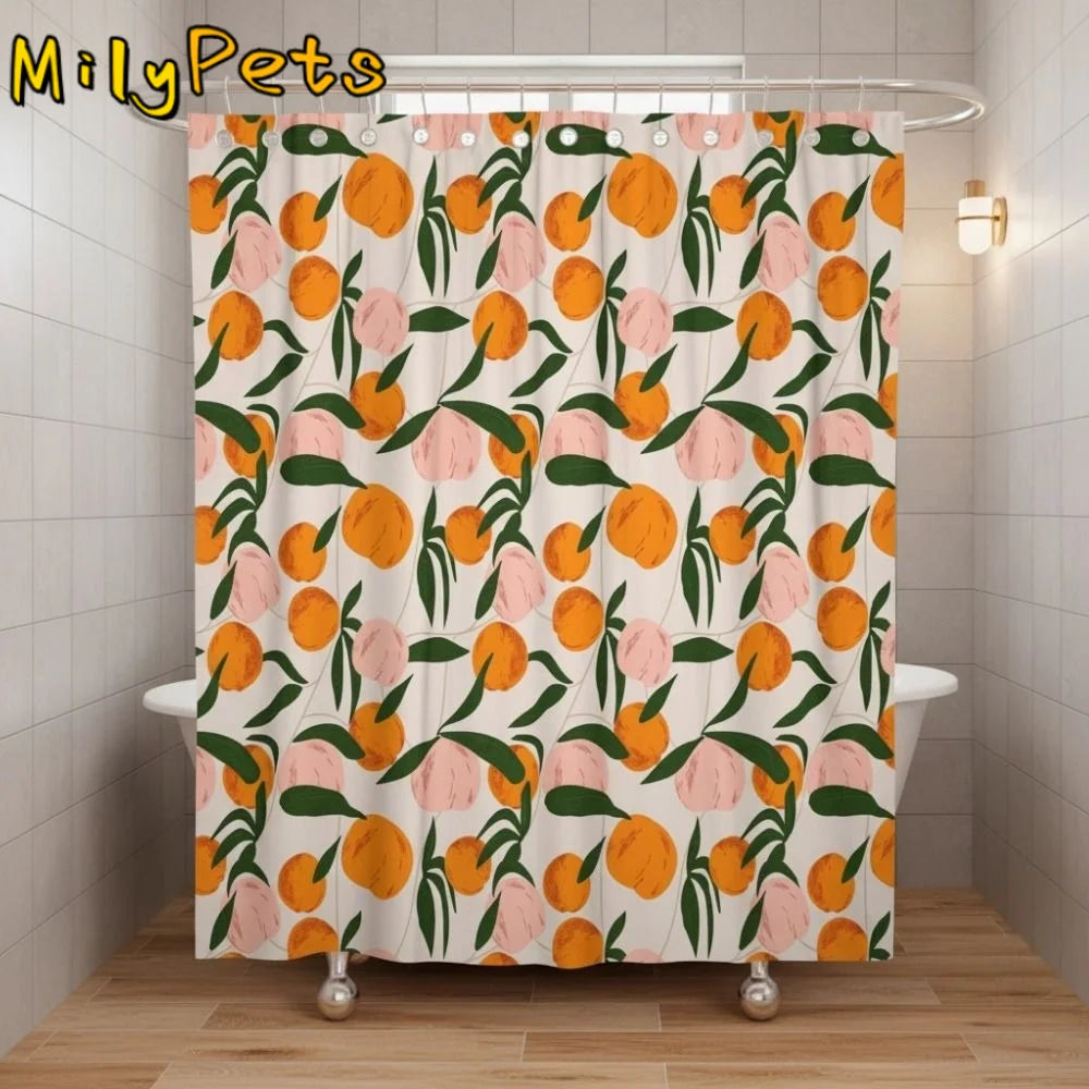 rideau douche moderne orange pêches feuilles anti moisissure opaques polyester anneaux