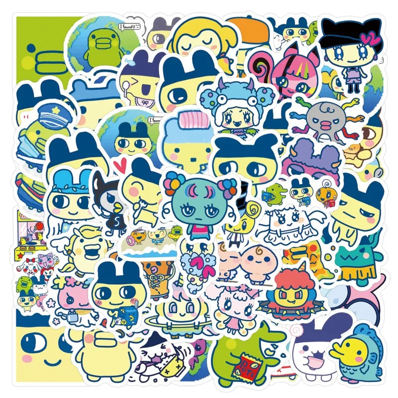 sticker dessin animé personnages animés couleurs vives bleu vert jaune rose noir blanc