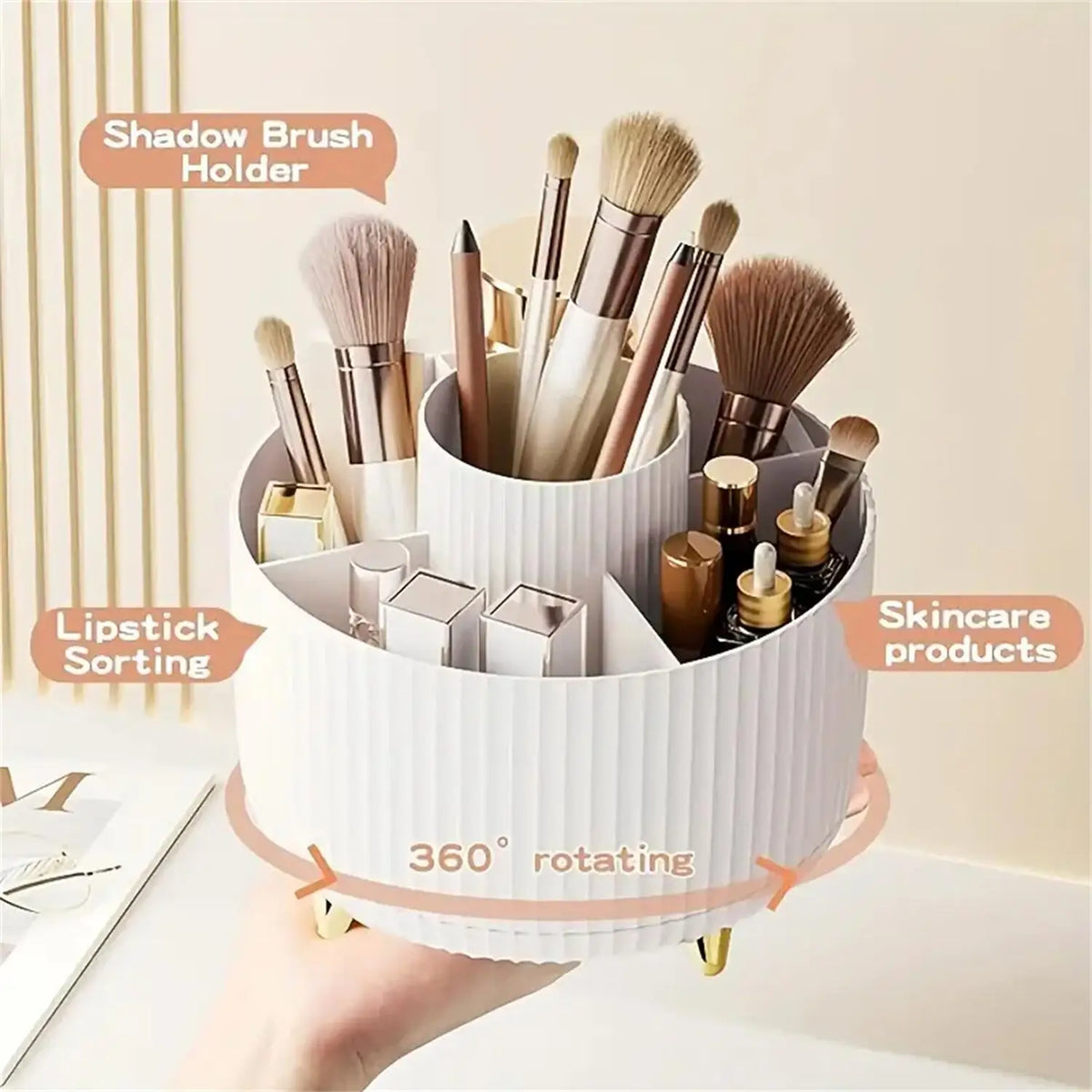 support rangement rotatif blanc rayures modernes pieds dorés pinceaux maquillage fards crèmes ciseaux stylos