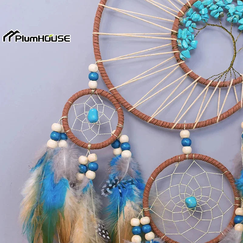 attrape rêves ethnique attrape rêves boho chic plumes fil raphia marron bleu blanc