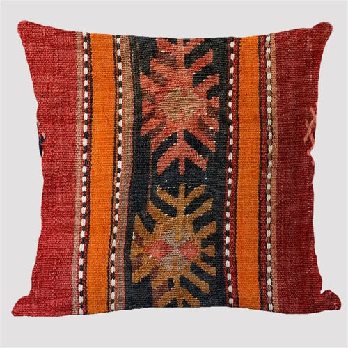 housse coussin géométrique brodée ethnique rouge orange noir beige salon maison