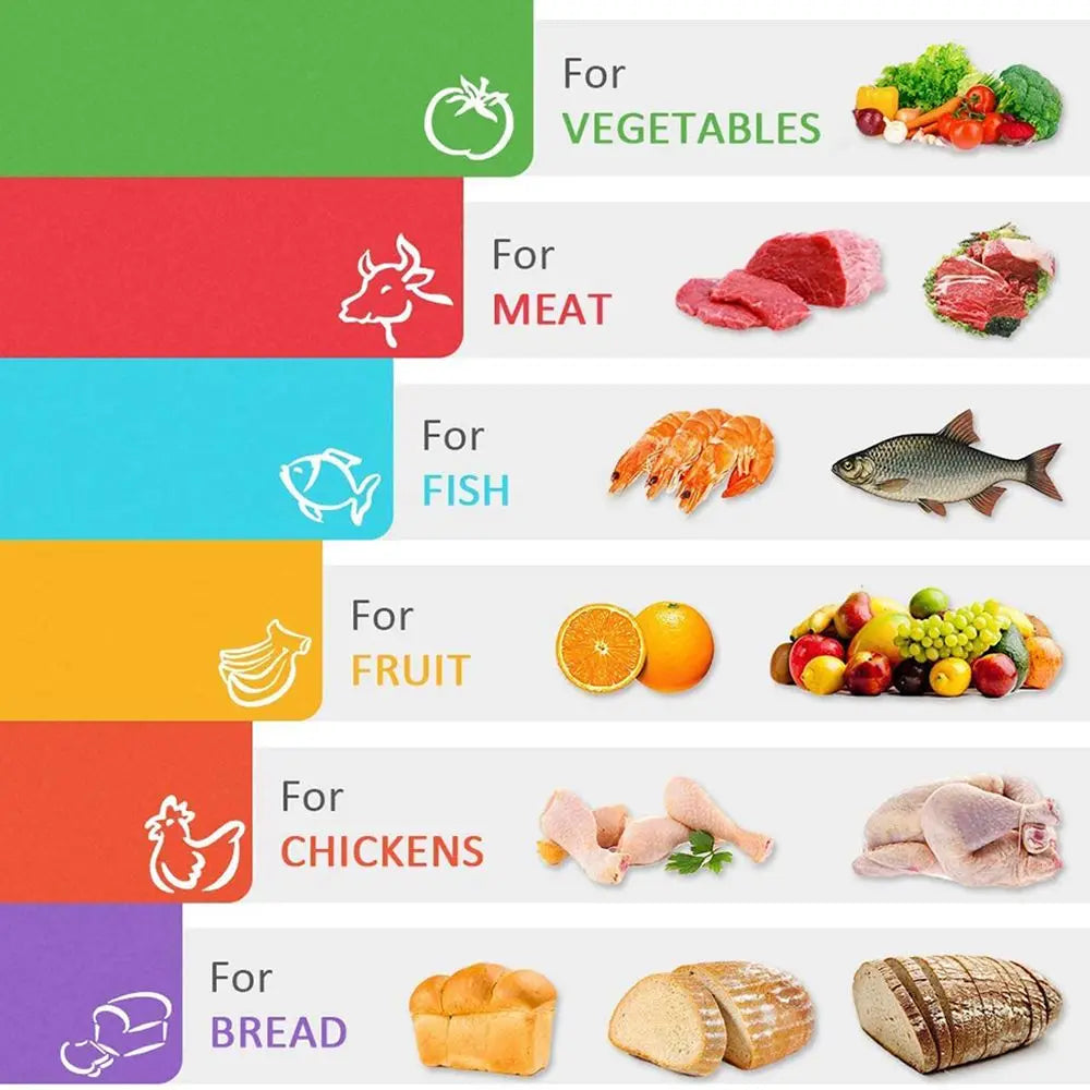 planche découper moderne fruits poissons couleurs vert orange jaune violet bleu rouge