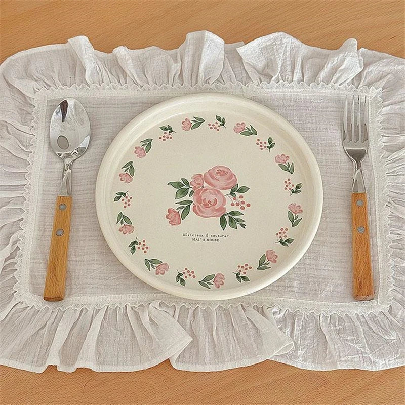 assiette ovale motif floral vintage blanc rose feuilles vertes ancien décoration intérieure vaisselle utilitaire