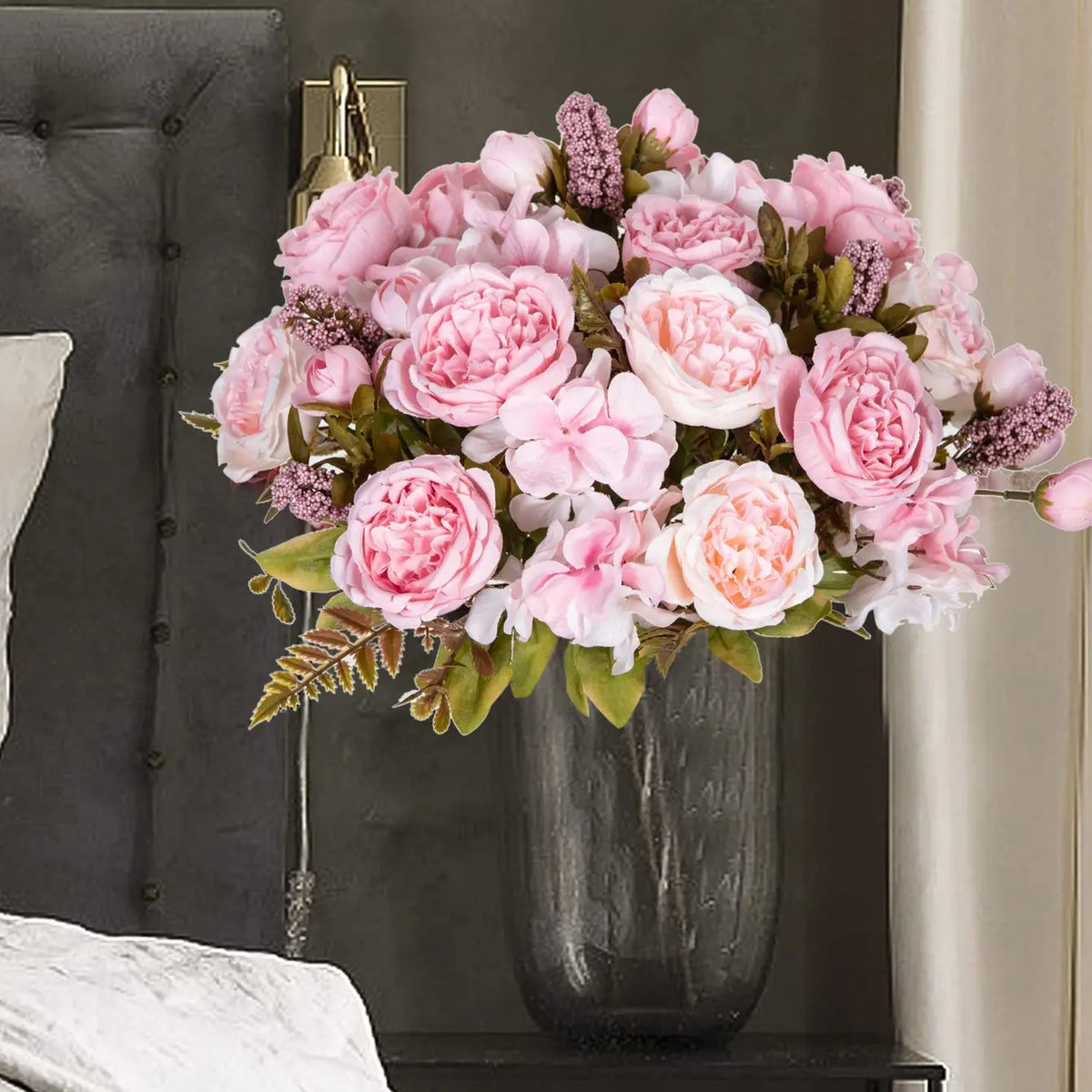 bouquet fleurs artificielles rose blanc classique décoration mariage anniversaire intérieur élégant soie hortensia pivoine