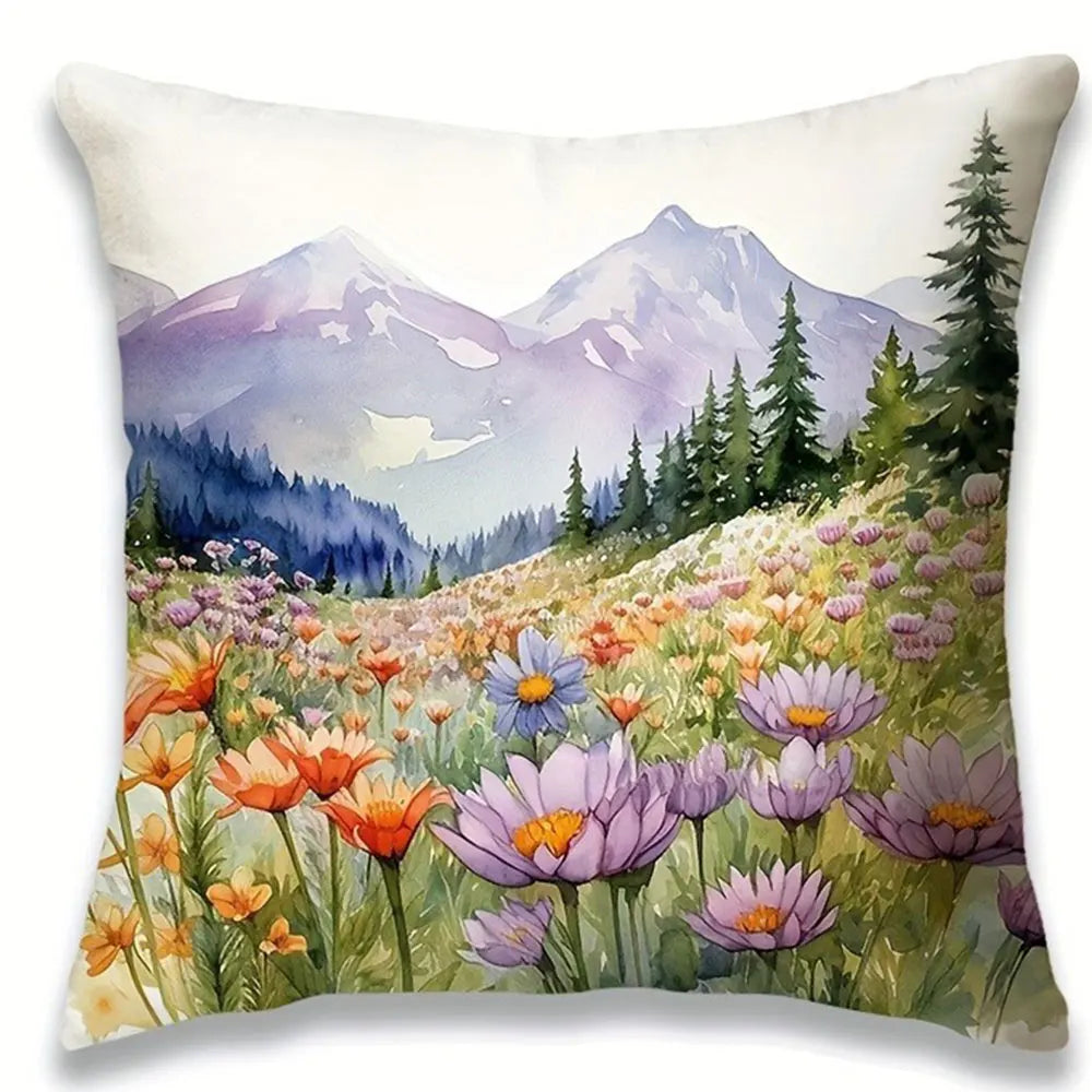 housse coussin polyester multicolore motif floral fleurs montagnes décoration maison chambre salon