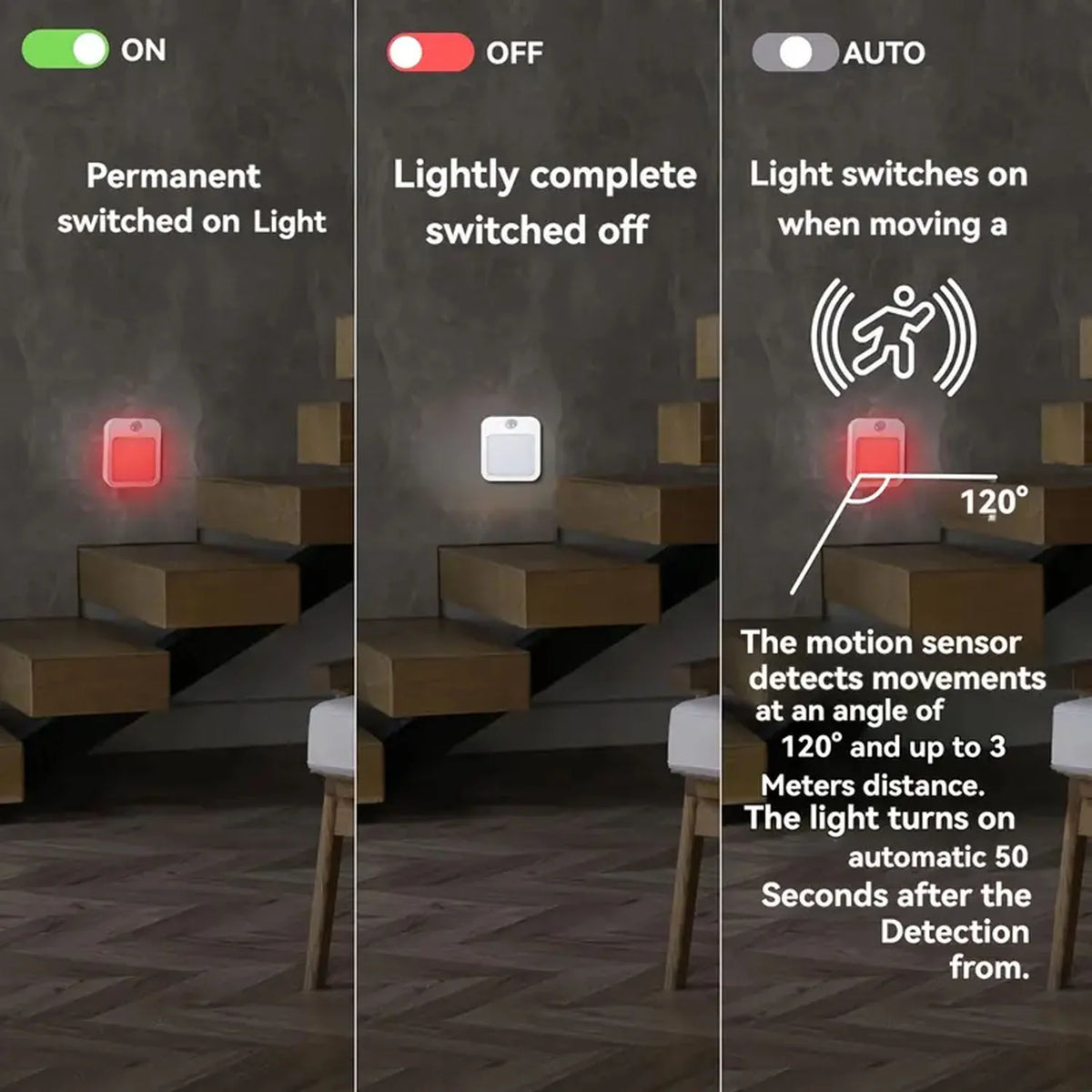 lampe nuit moderne blanc rouge prise murale sensibilité mouvement interrupteur auto on off