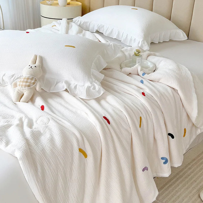 couette coton blanc motif fleurs roses été légère oreiller coussin accessoires