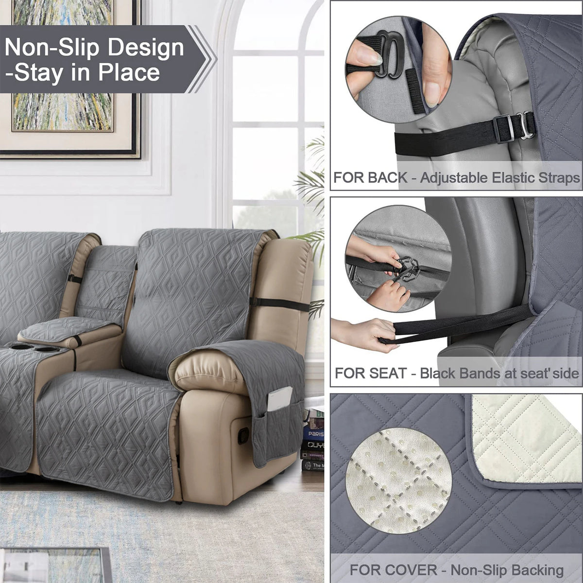 couvre siège fauteuil inclinable gris beige texture géométrique moderne bandes ajustables poche pratique