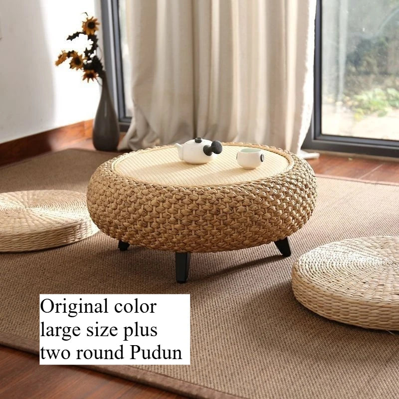 tabouret moderne rustique tissé beige clair foncé naturel pieds noirs salon assemblage facile