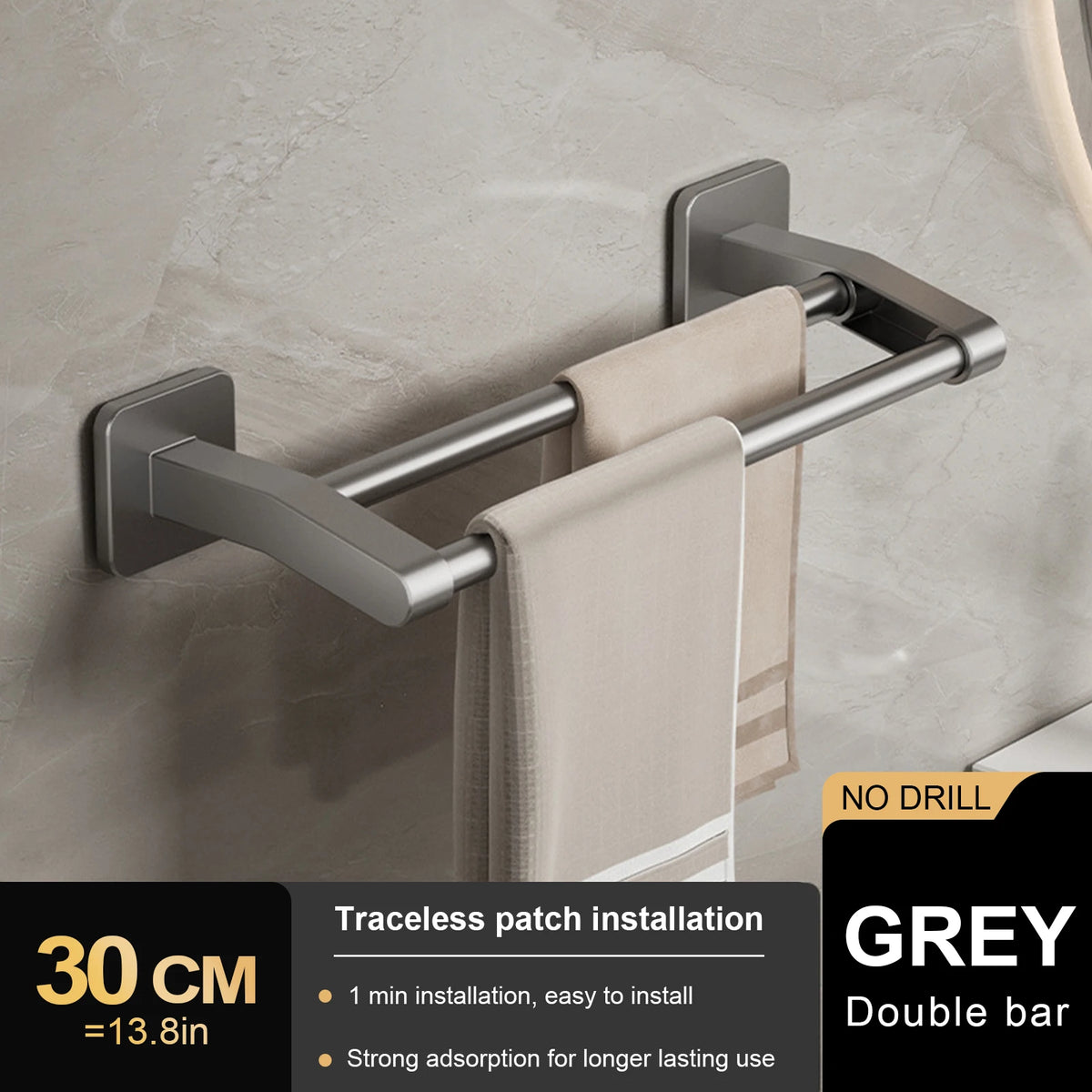 porte serviettes mural gris lisse double barre 30 40 50cm moderne minimaliste fixations murales