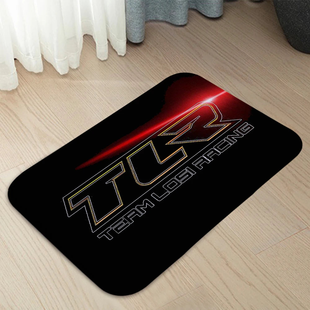 tapis moderne antidérapant noir blanc jaune bleu logo tlr racing geometrique salon entrée