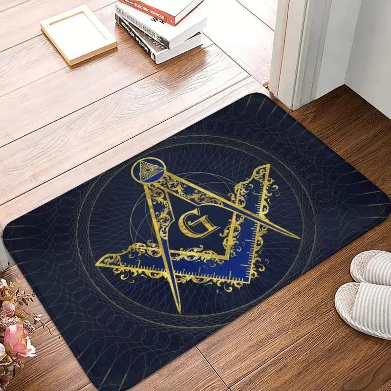tapis sol antidérapant symbole maçonnique bleu foncé doré classique couloir bain salon 60x40cm polyester