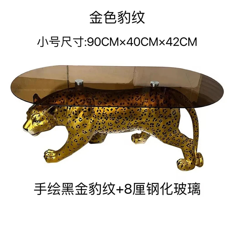 table basse moderne léopard rose vif orange noir verre opaque pieds solides animalier