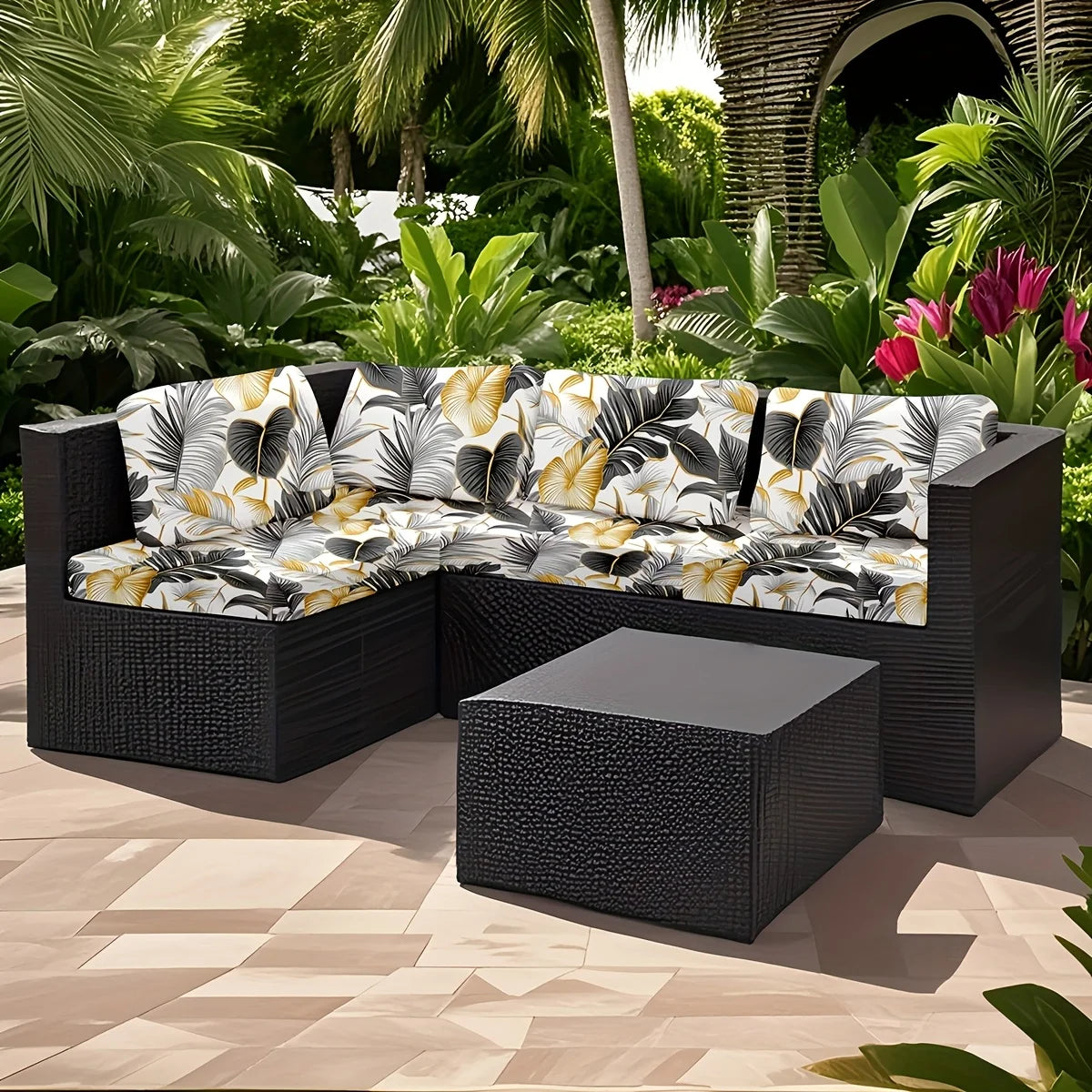 coussins canapé feuilles tropicales moderne noir blanc doré gris extérieur salon