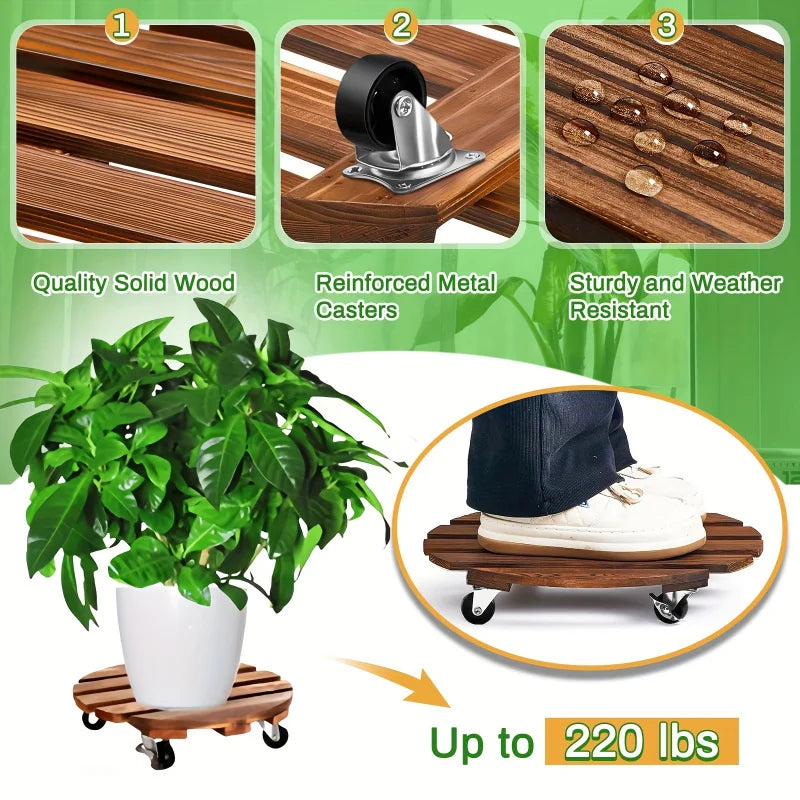 plateforme mobile plante roues verrouillables bois rustique 35cm diamètre 30cm 25cm