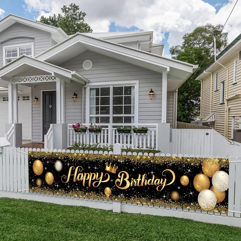 bannière anniversaire enfant moderne happy birthday ballons confettis clips doré noir festive